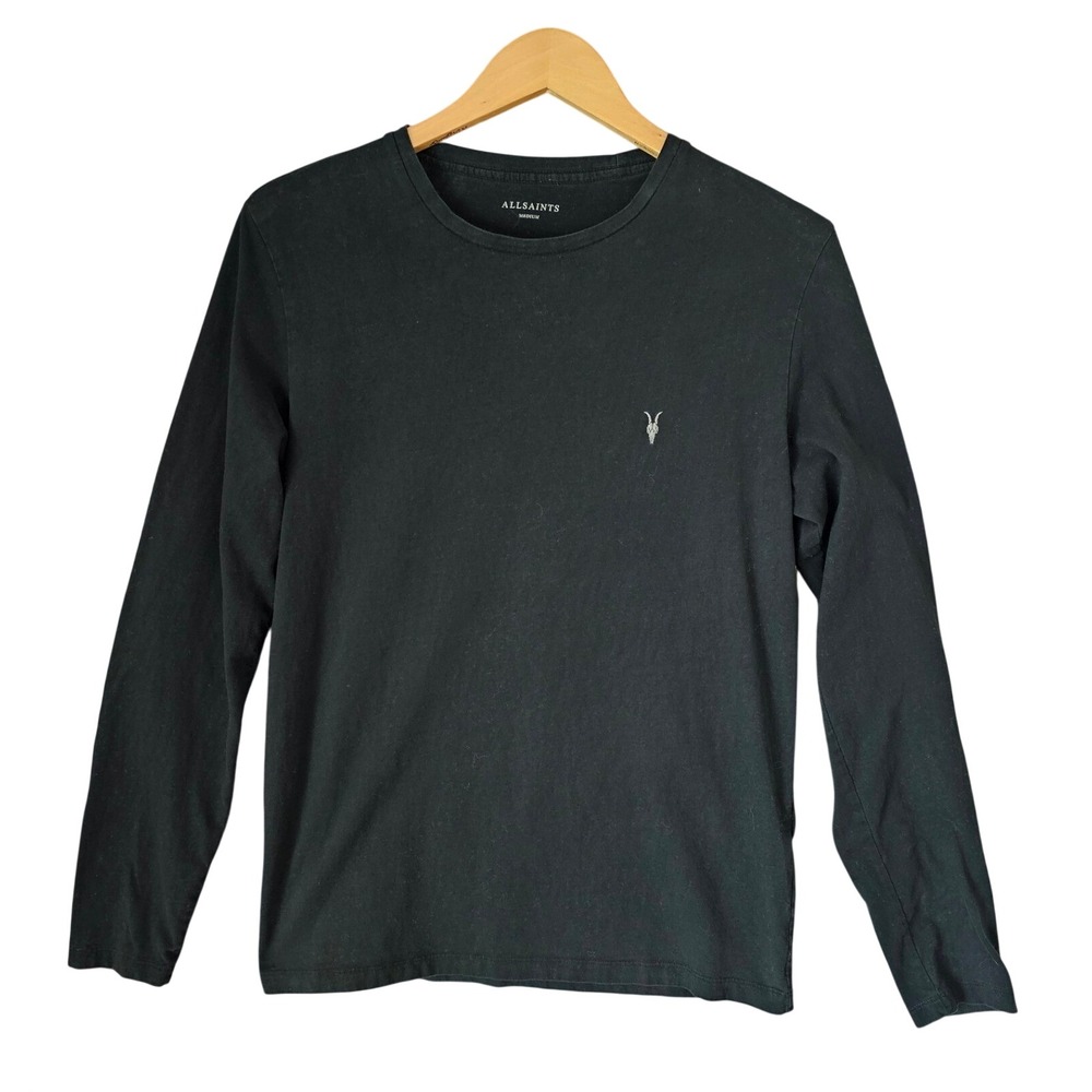 AllSaints Mens Tonic Long Sleeve Crew Neck T-Shirt Black Ramskull Logo Medium